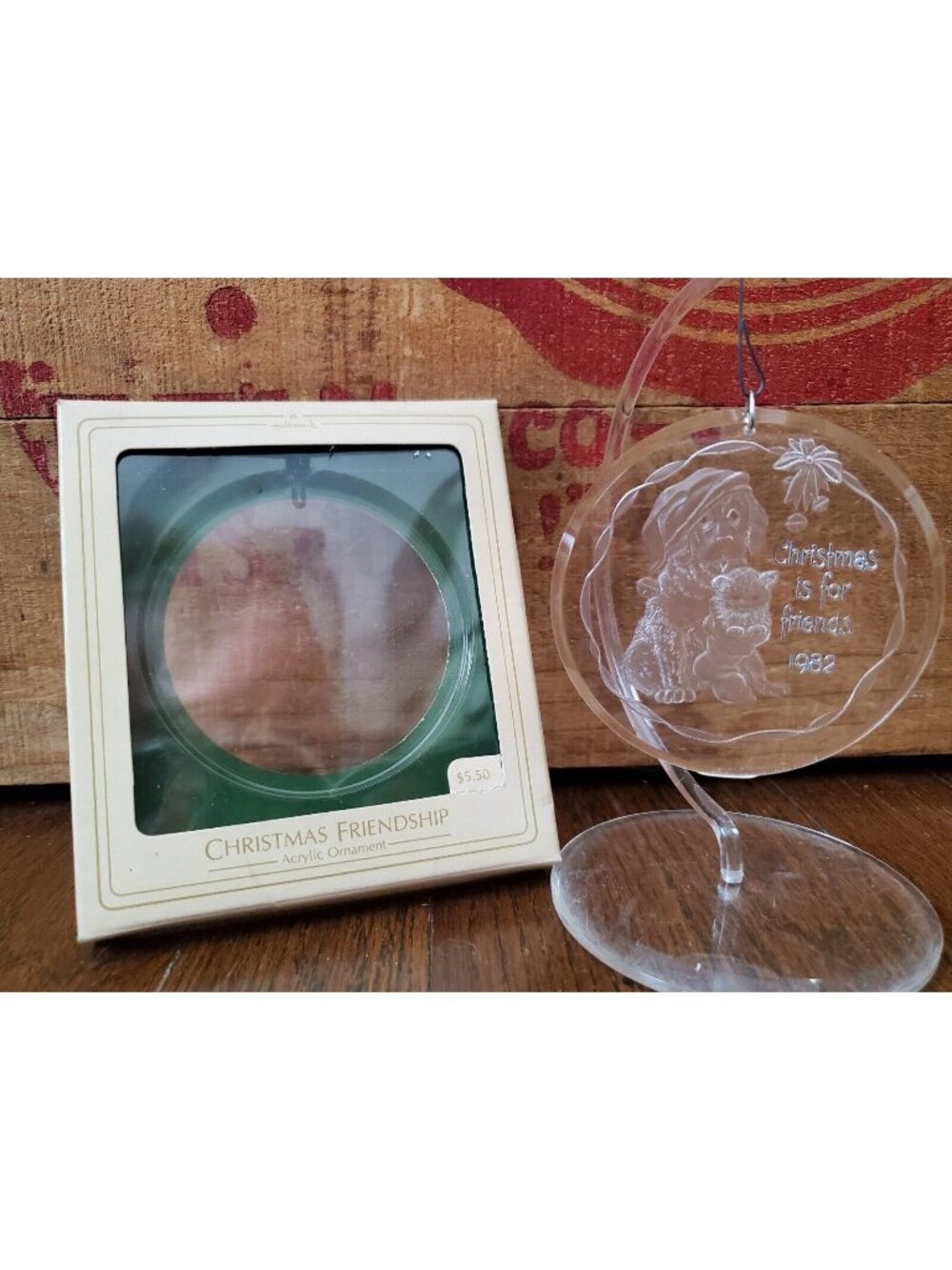 Vtg HALLMARK 1982 Acrylic Plastic "Christmas is for Friends" Ornament Cat Dog